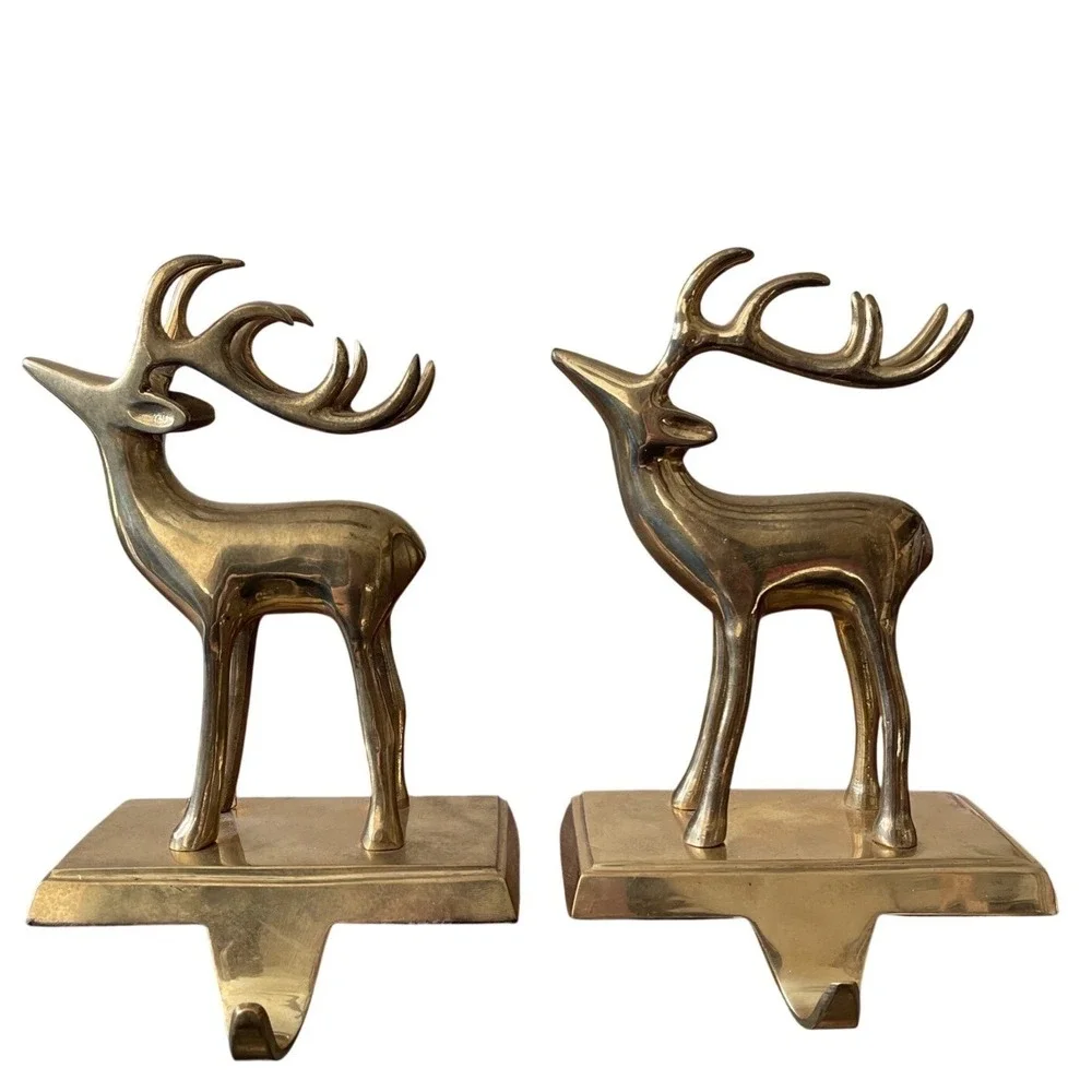 2 Vtg Pottery Barn Brass Reindeer Stocking Hangers Deer Stag Reindeer Christmas‎